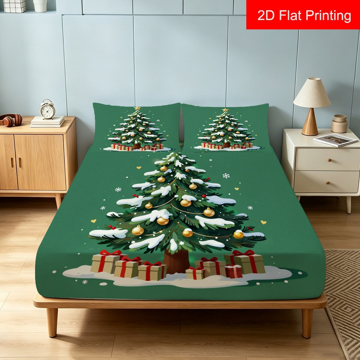 Fitted Sheet Deep - Holiday Snow Scene Christmas Tree Golden